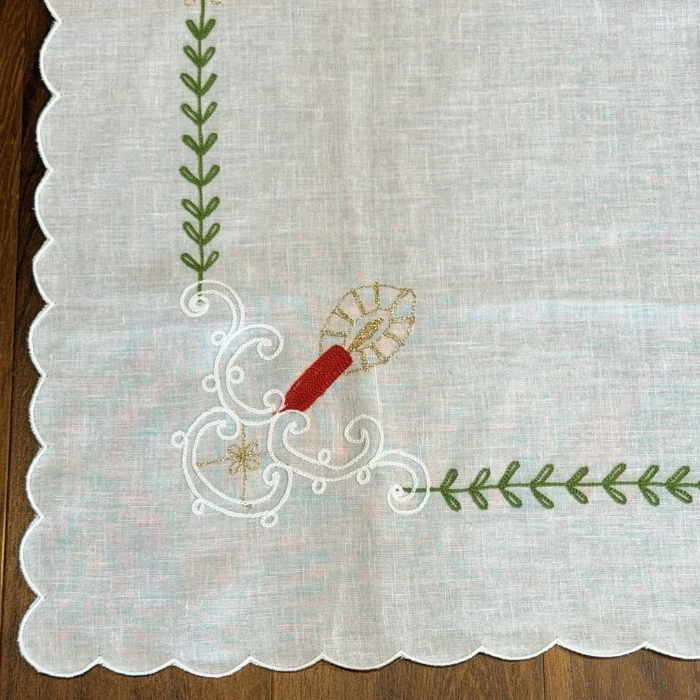 VTG Card Table Tablecloth Topper Embroidered Linen Cutwork Holiday Decor Candle‎